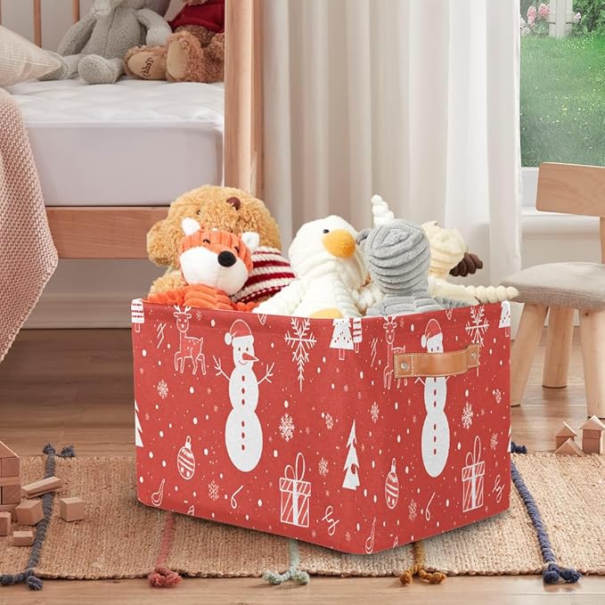 Storage Baskets Bin, Christmas Winter Snowman Collapsible Canvas Fabric Storage Bin Decorative Baskets Toy Organizer Rectangle Storage Boxes with Handles for Home Shelves Nursery, J-024