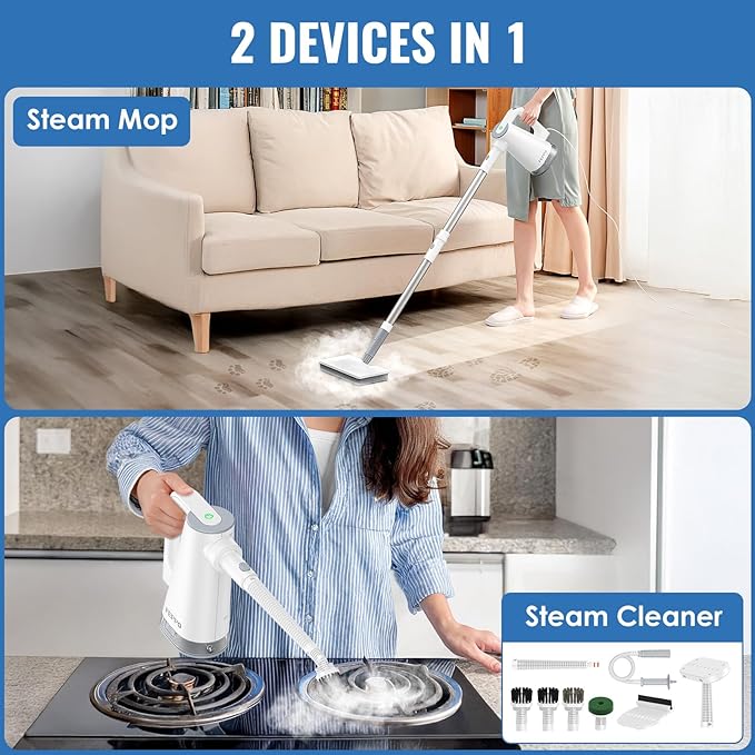 FEPPO Steam Mop & Detachable Handheld Steam Cleaner for Home and Floor Cleaning, 15s Heat-Up, 230°F Floor Steamer for Deep Cleaning with Multi-purpose Attachments Hardwood Floors, Tile,Grout,Furniture