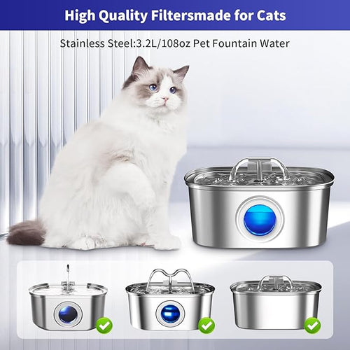 32 Pack Cat Water Fountain Replacement Filters & Pre-Filter Sponges, Includes 16 Filters & 16 Sponges for 108oz/3.2L Stainless Steel Pet Fountains – Compatible with Rellaty & Neareal
