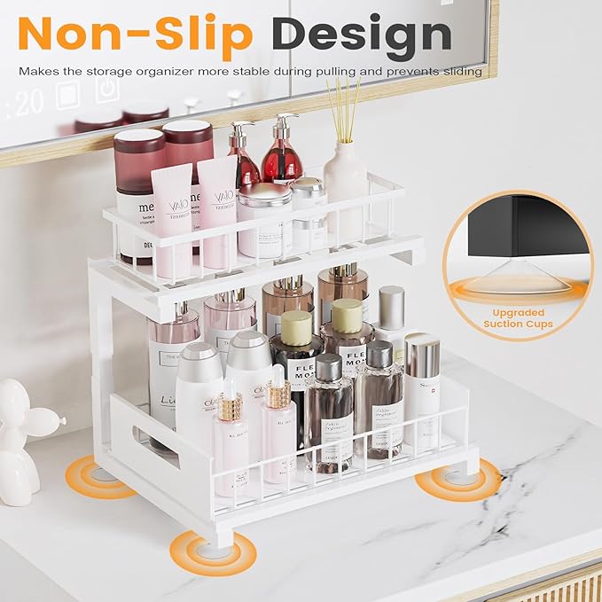 Toyear Under Sink Organizer, Heavy Duty Metal Pull Out Cabinet Organizer Slide Out Sink Shelf Organizer Height Adjustable, Multi-Purpose Storage Shelf for Kitchen Bathroom(White,1Pack)