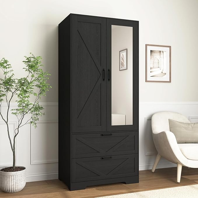 Armoire Wardrobe Closet with Mirror and 2 Drawers, 72'' Bedroom Armoire Wardrobe Cabinet with Hanging Rod and Light,Wooden Bedroom Closet with Adjustable Shelf