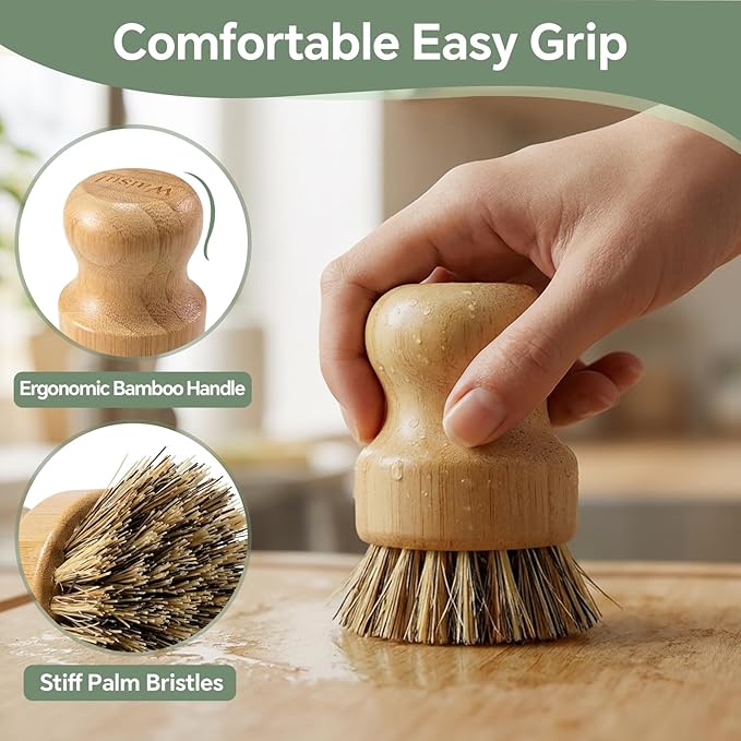 Waisul Bamboo Dish Brush Set, 4 Pack, Plastic-Free (2 Medium Sisal, 2 Firm Coconut Coir), Dish Scrubber & Vegetable Brush for Cast Iron, Nonstick