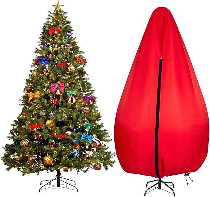 Christmas Tree Storage Bag,Upright Design,Fits Up to 7.5ft Tall Artificial Tree,Large Holiday Xmas Tree Cover Upright Tree Dustproof Bag with Zipper & Drawstring(Red,7.5 ft)