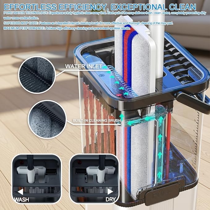 Mop and Bucket with Wringer Set, Flat Floor Mop and Bucket System with Separate Clean Dirty Water, Self Wringing Microfiber Dust Mop for Hardwood Floors, Kitchen, Wall Cleaner - Includes 4 Pads