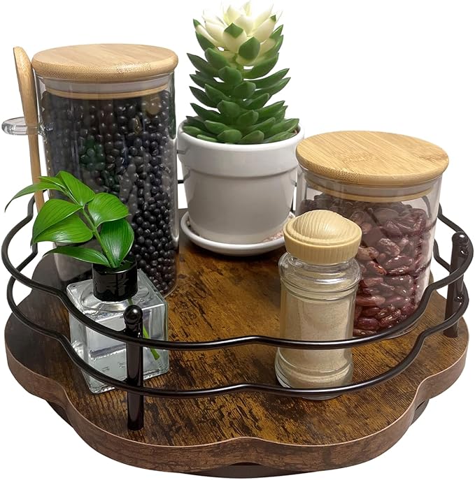 BaiWinlar 12" Lazy Susan Turntable Organizer with Higher Metal Sides, Wooden Lazy Susan Spice Rack Organization and Storage for Cabinet,Kitchen,Countertop,Table Top,Dining Table,Coffee Bar Decor