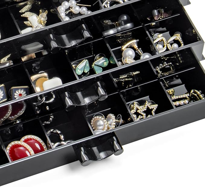 Earring Storage Box Organizer 3 Drawers Acrylic Jewelry Storage Box Holder Transparent Jewelry Display Stand with 72 Small Compartments Gift for Women Girls (Black)
