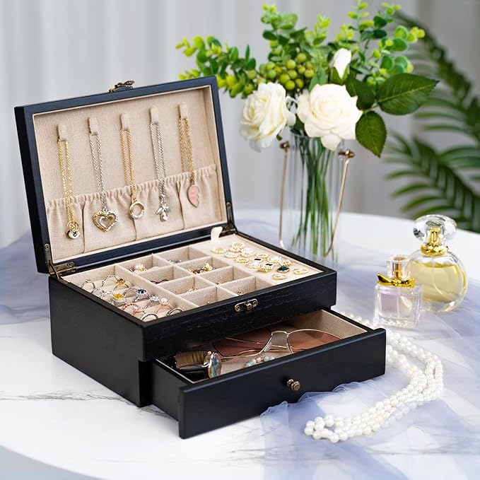 Pinzoveco Jewelry Box for Women, Rustic Wooden Jewelry Organizer Box for Storage Earrings Rings Necklace Bracelet, Farmhouse Style Wood Jewelry Boxes & Organizers (Black)