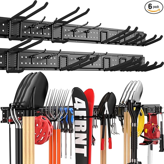 ZICANYCO Garage Tool Organizer Wall Mount 96 inches with 18 Adjustable Heavy-Duty Hooks, Garage Organization, Garden Tool Storage Rack, Yard, and Shed, Holds Up to 750 lbs