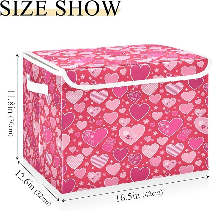 Bolaz Valentines Red Heart Flower Florals Storage Bins with Lids and Handles, Foldable Storage Box Storage Basket with Cover Collapsible Organizer Containers for Home Closet, Shelves