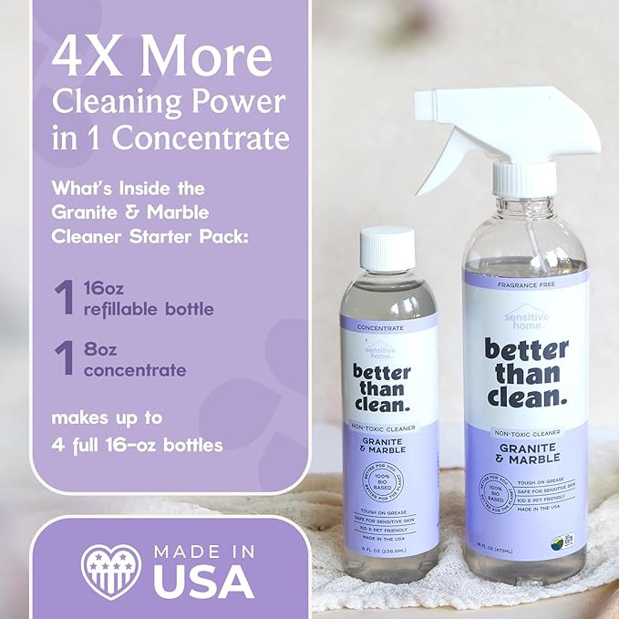 Better Than Clean Marble & Granite Cleaner Starter Pack - Plant-Based Natural Stone Cleaner for Countertops, Showers, Floors & More - Suitable for Sensitive Skin, Fragrance Free, Kids & Pet-Friendly