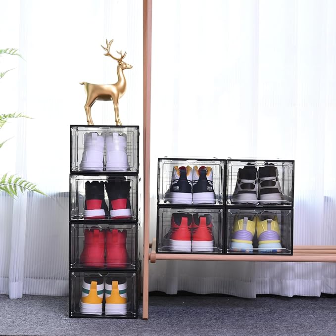 Large Black Shoe Storage Boxes Stackable, 12 Pack Hard Plastic Shoe Storage Organizer with Magnetic Door, Shoe Container Sneaker Storage Display Case Fit up to US Size 12 Black