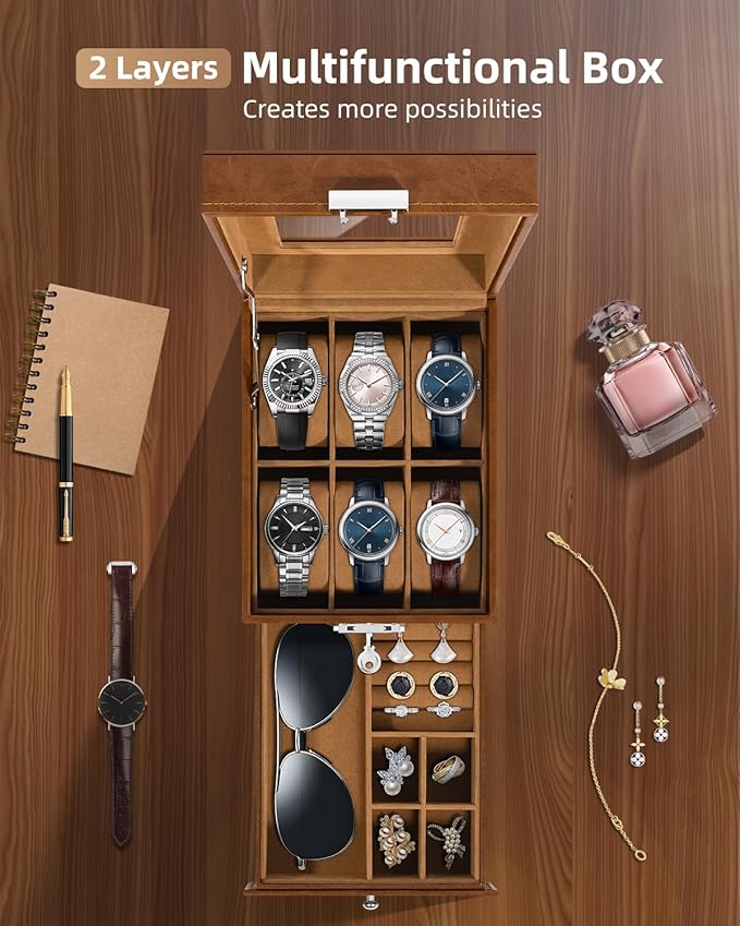 Uten 6-Slot Watch Box, 2-Layers PU Leather Watch Case with Glass Lid, Watch Holder Organizer with Soft Pillow and Velvet Lining, Watch and Jewelry Storage Box, Brown
