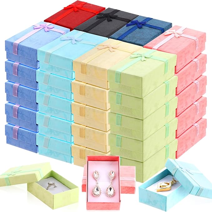 Batiyeer Jewelry Gift Boxes Set Empty Small Gift Cardboard Boxes for Jewelry Packaging with Ribbon Bowknot for Anniversaries Weddings Birthday, 8 Colors(200 Pcs)