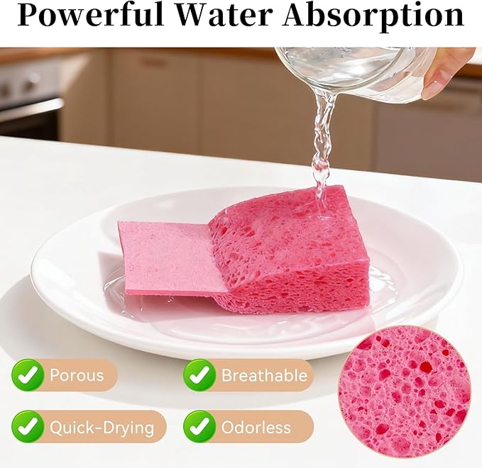 Mkobon 6 Pcs Kitchen Sponges for Dishes Cleaning, Non Scratch for Non Stick Cookware, Compressed Natural Cellulose Sponges, Dish Washing Scrubbers, Scrubbing Pads for Household, Bathroom (Red)