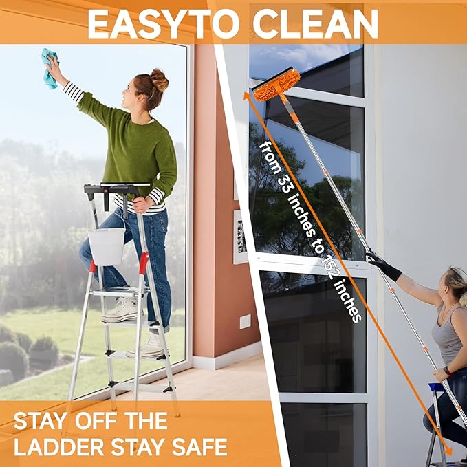 LILISPAI 152" Squeegee Window Cleaner 2 in 1 Rotatable Window Cleaning Tool Kit with Extension Pole, Window Washing Equipment with Bendable Head for Indoor/Outdoor Window and Car Glass