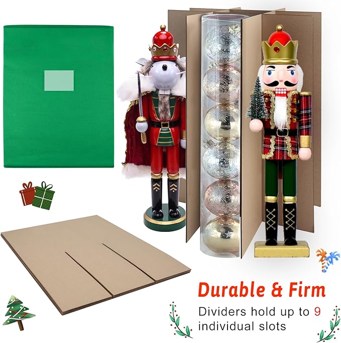 Christmas Nutcracker and Figurine Collectible Storage Box, Fits 9 Holiday Ornaments, Stores Up to 16" Tall Ornaments, Holiday Decor Organizer with Dividers, Nutcracker not Included(Green)