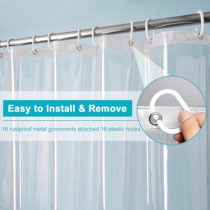 EurCross 96 inch Extra Wide Clear Shower Curtain Liner,Waterproof Heavy Duty PEVA Transparent Shower Liner 96x72 inch with 5 Magnets and 16 Plastic Hooks