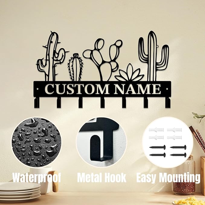 Personalized Custom Name Cactus Wall Keys Hooks,Metal Cactus Art Clothes Hooks,Metal Cactus Lover Wall Home Storage Decorative,For Front Door, Hallway, Kitchen, Bedroom,Keys,Hats (Style E)