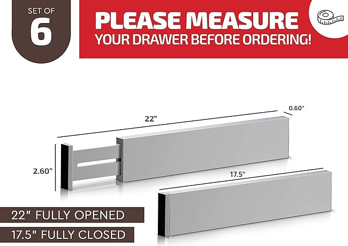 Adjustable Bamboo Drawer Divider Organizers - 6 Pack Large Expandable Drawer Organization Separators for Kitchen Utensils, Dresser, Bedroom, Bathroom, Baby Drawer, Office - 17.5” to 22" (Gray)
