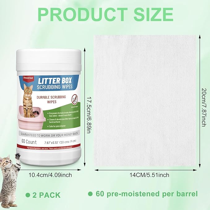 Breling 2 Pack Litter Box Scrubbing Wipes 120 Count Pets Cat Litter Box Cleaning Wipes Unscented Removes Stains Easily for Pet Cleaning Supplies