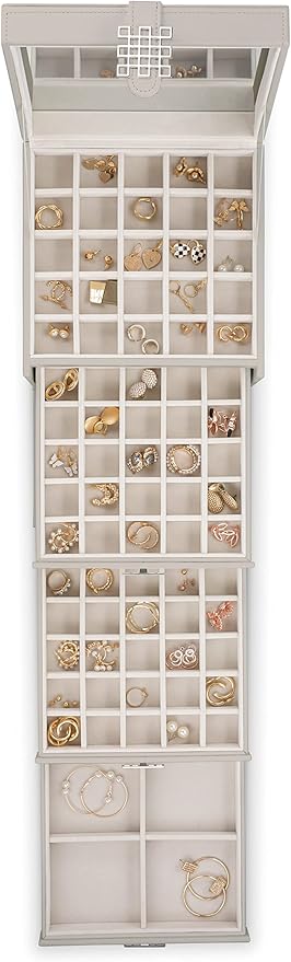 Glenor Co Earring Organizer Holder - 75 Small & 4 Large Slots Classic Jewelry Box with Drawer & Modern Closure, Mirror, 4 Trays Earrings, Ring or Chain Storage - PU Leather Case - Grey