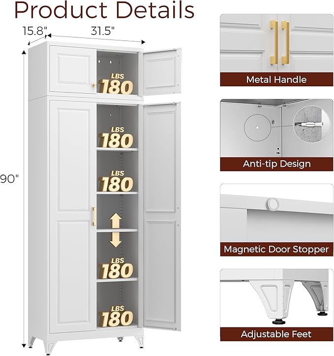 Metal Storage Cabinet, 90" White Pantry Cabinet with 4 Doors and 4 Adjustable Shelves, Tall Cabinets for Dinning Living Room and Dining Room