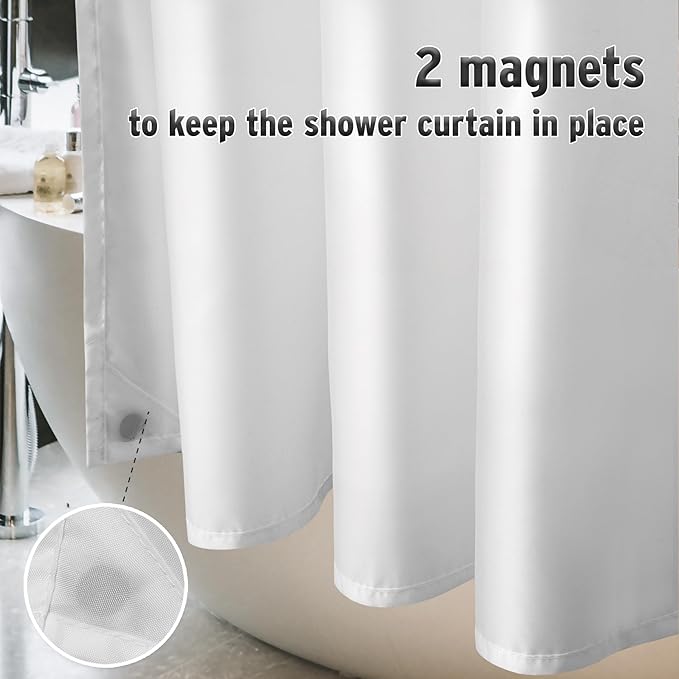 Titanker Extra Long Shower Curtain Liner Fabric, 72x90 Inches, White Shower Liner Washable with 2 Magnets, Waterproof Bathroom Long Shower Liner Polyester Soft Lightweight, White