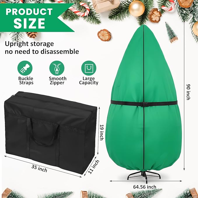 Upright Christmas Tree Bag 7.5 ft /8 ft Christmas Tree Covers for Upright Storage with Zipper & Adjustable Straps with Xmas Ornament Storage Bag Green(large)