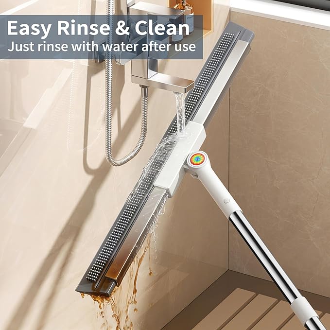 Floor Squeegee with 180° Rotating Head & 63" Long Handle, Rubber Silicone Magic Broom for Floor Cleaning, Squeegee Broom for Pet Hair, Bathroom Tile, Garage Concrete, Deck, Shower Glass