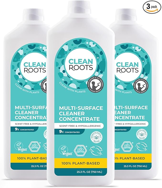 CLEAN ROOTS Multi-Surface Cleaner Concentrate – EcoGarantie Certified, 100% Plant-Based Formula, Made with Organic Ingredients, Scent-Free & Hypoallergenic – 25.3 fl oz (750 mL), Pack of 3