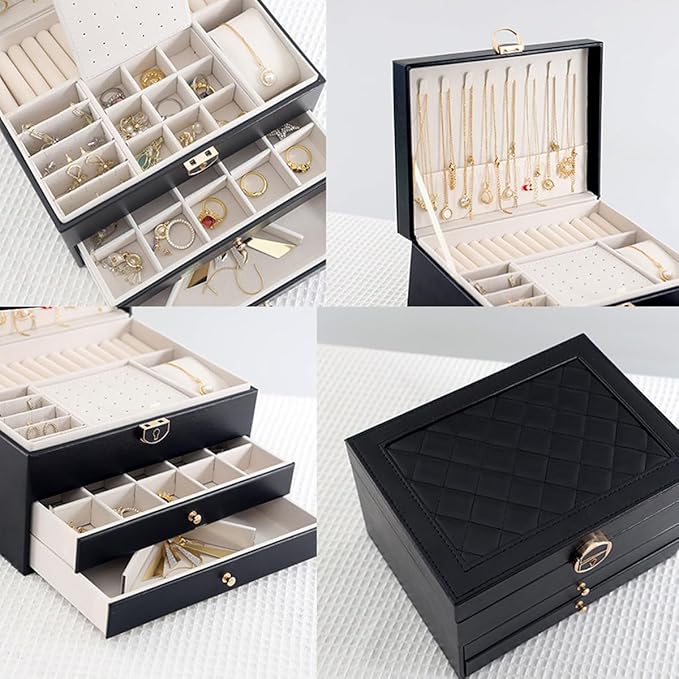 GUOER Jewelry Box for Women Girl Wife 3 Layers Large PU Leather Jewelry Organizer Storage Case with Two drawers Display for Earrings Bracelets Rings Watches (Black)