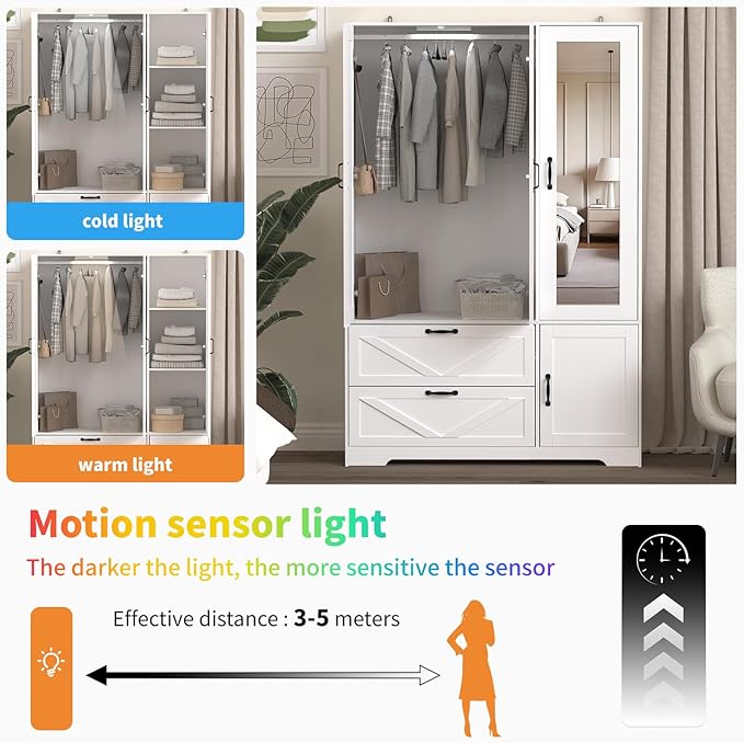 Armoire Wardrobe Closet with Mirror and 2 Drawers, 72''H Bedroom Armoire Wardrobe Cabinet with Hanging Rod and Light,Wooden Bedroom Closet with 3 Door