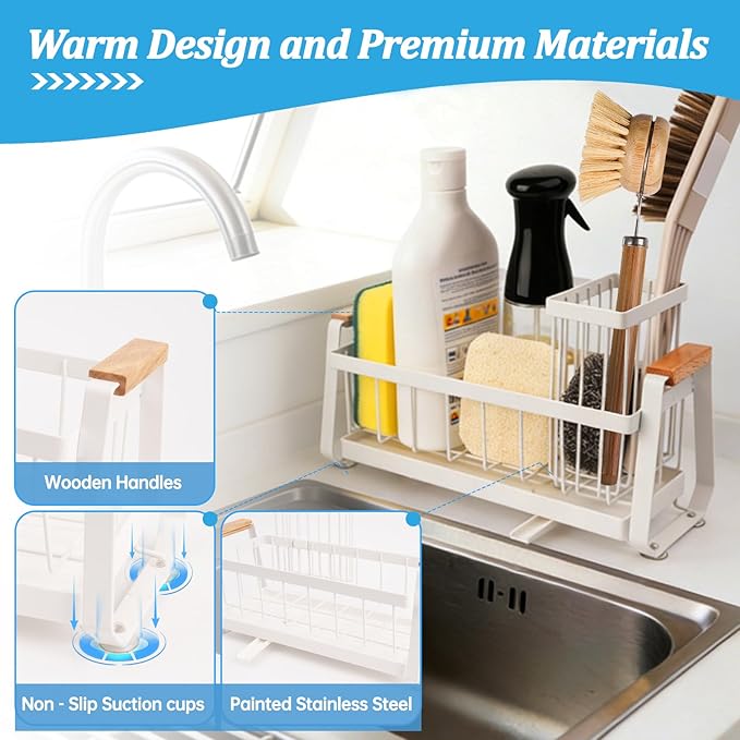 Hobychild Kitchen Sponge Holder with Dish Brush Holder,Sink Caddy with Suction Cup，Stainless Steel Sink Box Dish Scrubber Holder，Soap Tray for Kitchen Countertop Accessories & Storage (White)