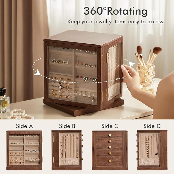 CHOSIN Black Walnut Wooden Jewelry Box, 360° Rotating Organizer with Glass Lid, 5 Drawers for Earrings, Rings, Necklaces – Vertical Jewelry Storage for Women Valentine's Day Gifts