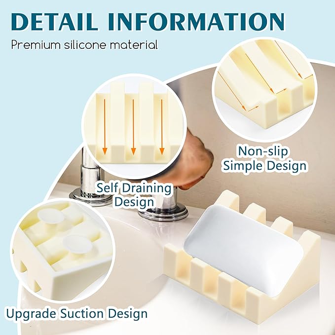 Silicone Soap Dish with Drain, Upgrade Double Suction Cups at The Bottom for Anti-Slip and Stability, Soap Dish Shower Waterfall Bar Soap Holder Tray with Drain Soap Holder (4, CreamWhite)