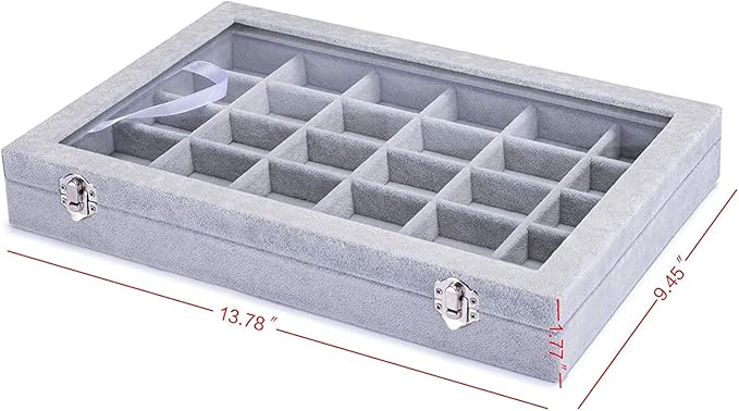 Jewelry Organizer Tray with Clear Lid 30 Grid Velvet Drawer Insert Jewelry Storage box with Glass lid Display Case Store Showcase Holder with Lock Gifts for Women(Grey, 30 Grid)