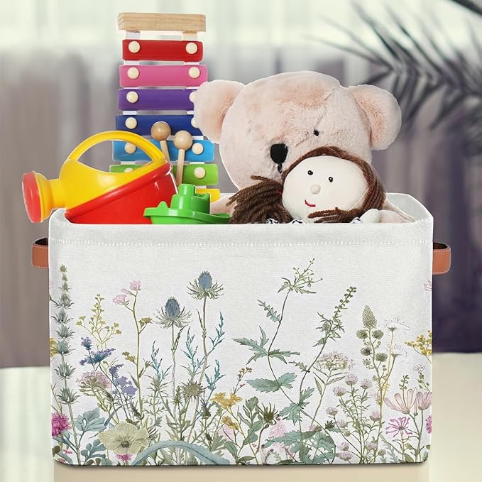 Wildflowers Leaves Storage Basket for Shelves, Storage Bins with Handles, Collapsible Basket for Organizing, Closet Toy Baskets for Nursery Room, 15x11x9.5 in, Canvas, Herbal Wildflower