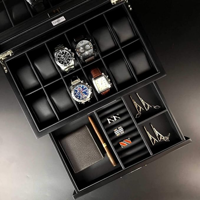 Lifomenz Co Wooden Watch Box for Men Watch Jewelry Box organizer with Valet Drawer,12 Slot Watch Display Case Holder Large Watch,Men Accessories Organizer with Real Glass Window Top