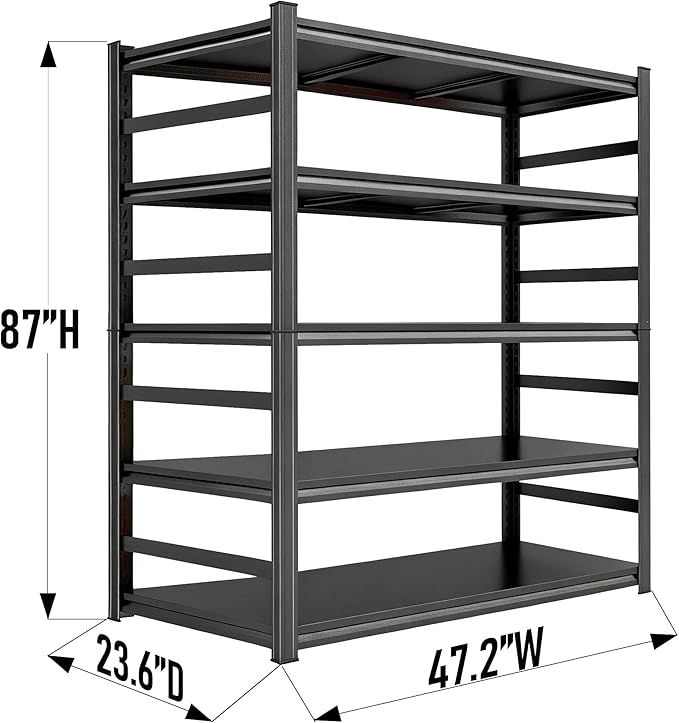 Notmise Heavy Duty Garage Shelving, 87" H x 47.2" W x 23.6" D, 3000 lbs Load Capacity, Sturdy Steel Metal Shelves for Storage, Industrial Black 5-Tier Shelving Rack for Garage, Basement, and Workshop