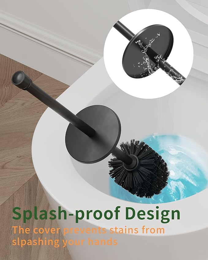 WZKALY Toilet Brush and Holder Set, Toilet Bowl Brush for Bathroom with Long Handle, Stainless Steel Toilet Cleaner Brush with Durable Scrubbing Bristles,Splash-Proof (Matte Black)