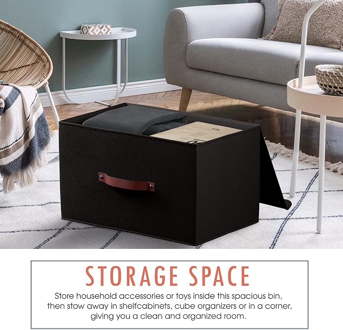 Ornavo Home 6 Pack Collapsible Storage Bins with Lid, Foldable Linen Fabric Shelf Storage Basket Closet Organizer and Large Storage Box for Clothes with Leather Handles, 16.5 x 11.8 x 7.5, Black