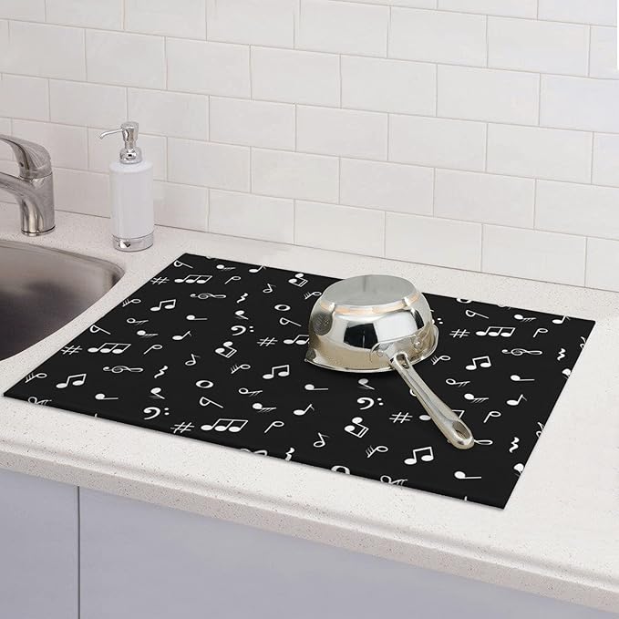 Musicial Kitchen Drying Mat Music Notes Microfiber Dish Drainer Mat for Kitchen Counter Absorbent Reusable Washable 18x24 Inch Black