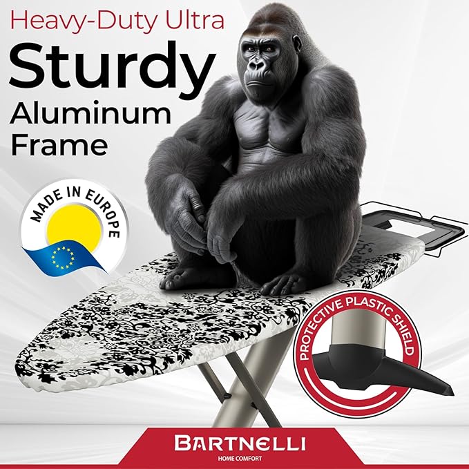 Bartnelli Pro Luxury Ironing Board - Extra Wide 51x19 Ironing Surface, Ultra-Premium Aluminum Build, Includes Steam Iron Rest, Adjustable Height, Foldable, European Made