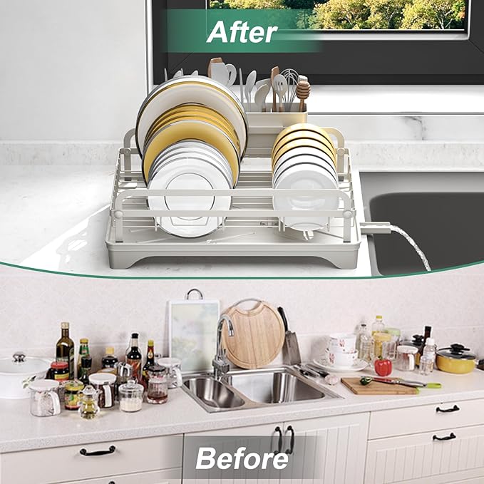 HOMEAILIE Dish Drying Rack,Dish Racks for Kitchen Counter,Metal Dish Drainer with Adjustable Drainage Spout,Removable Knife and Fork Holder (Grey)