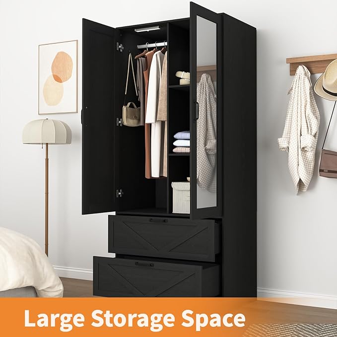 Armoire Wardrobe Closet with Mirror and 2 Drawers, 72'' Bedroom Armoire Wardrobe Cabinet with Hanging Rod and Light,Wooden Bedroom Closet with Adjustable Shelf