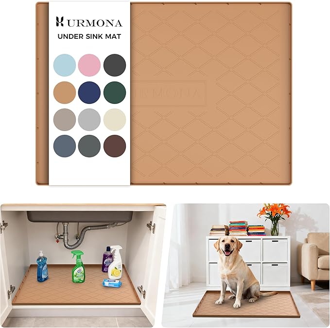 URMONA Under Sink Mat for Kitchen Waterproof, 28" x 22" Silicone Under Sink Mat for Shelf Liner Organizer, Cabinet Sink Protector Under Sink Liner for Bottom Kitchen, Bathroom(Khaki)