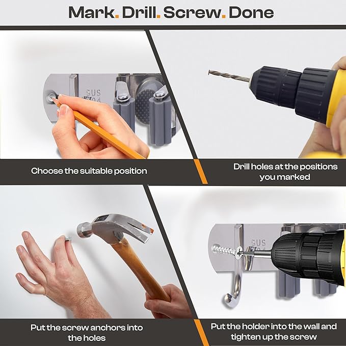 Heavy-Duty Stainless-Steel Broom Holder Wall Mount with 4 Racks and 5 Hooks | Rust Resistant Mop and Broom Hanger | Adjustable, Garage & Garden Tool Organizer | Silver Color