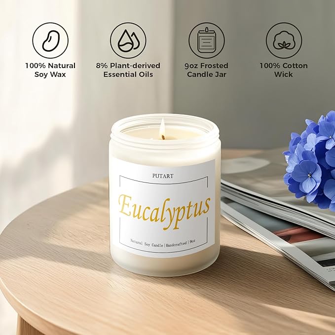 Eucalyptus Mint Highly Scented Candles, Natural Soy Aromatherapy Organic Non Toxic Candles with Long Lasting Burn, Luxury Essential Fragrance Jar Candle Gift for Birthday, Housewarming (9oz)