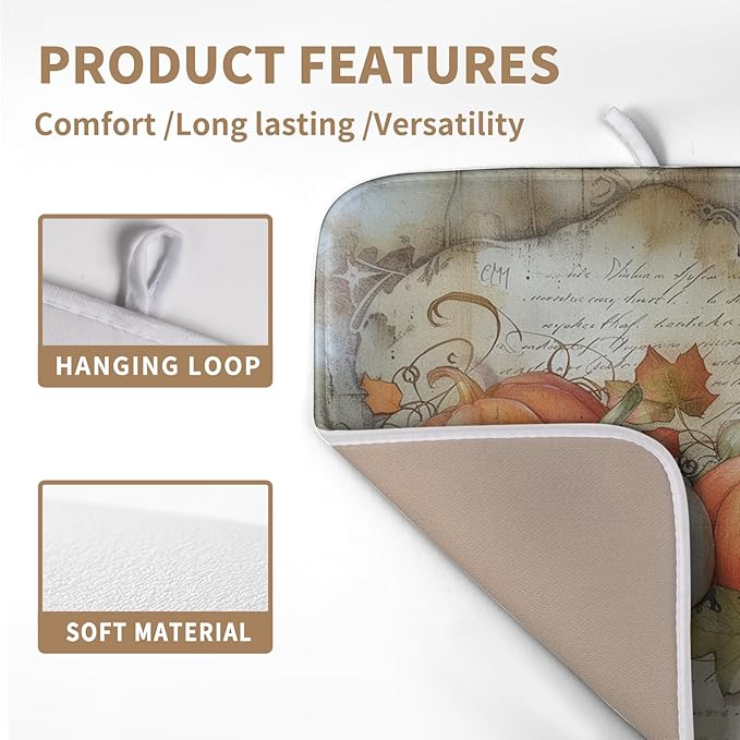 Wnoesat Fall Pumpkin Maple Leaf Dish Drying Mat for Kitchen Counter 16x18 Inch Vintage Autumn Leaves Thanksgiving Drying Mat Seasonal Ultra Absorbent Dish Drainer Rack Mats for Coffee Bar Kitchen