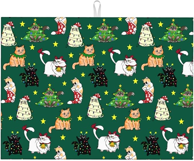 Cute Christmas Cat Dish Drying Mat 18 x 24 Inch for Kitchen Counter Cute Kitchen Mat Microfiber Kitchen Countertop Absorbent Reversible Drainer Rack Pad Dish Drying Mat